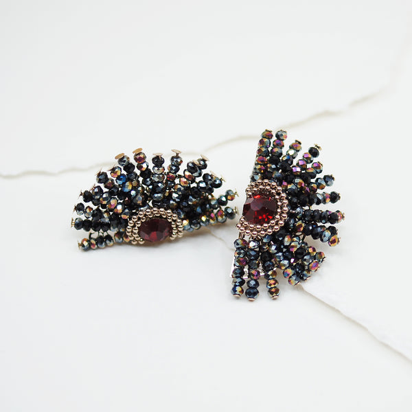 Half Circle Red Stone Beads Post Earrings