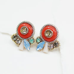 Red Round Stone with Crystals Earrings