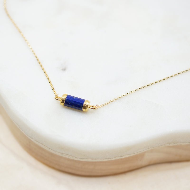 Lapis Lazuli Barrel Tube Gold Necklace