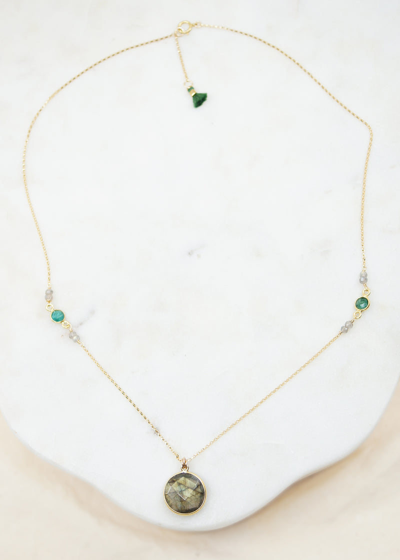 Labradorite Round Pendant Gold Necklace