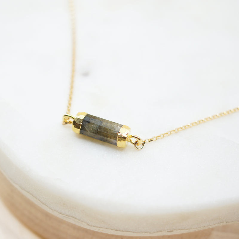 Labradorite Small Tube Bar Gold Necklace