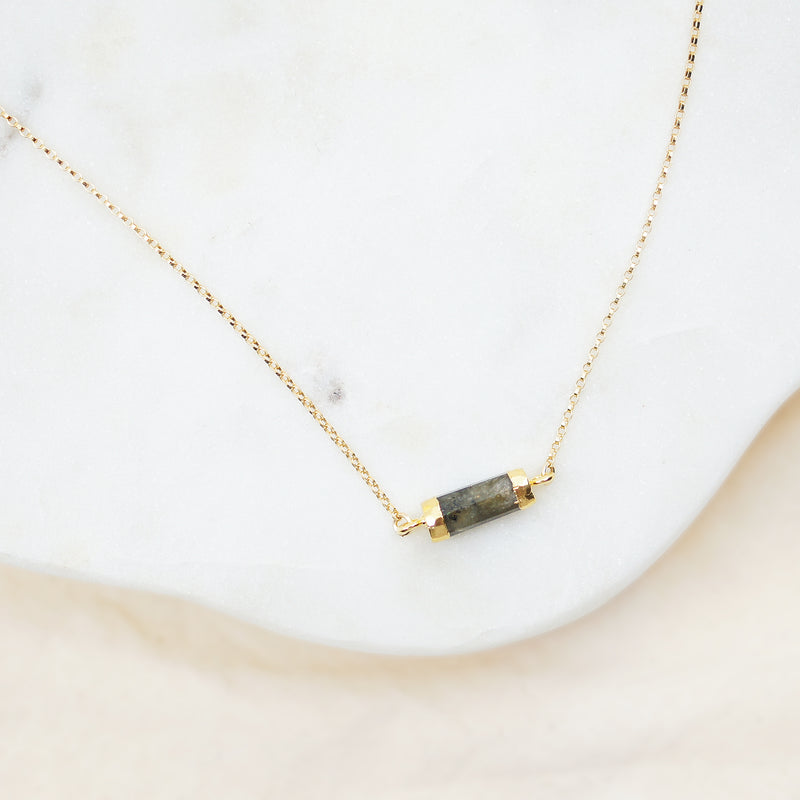 Labradorite Small Tube Bar Gold Necklace