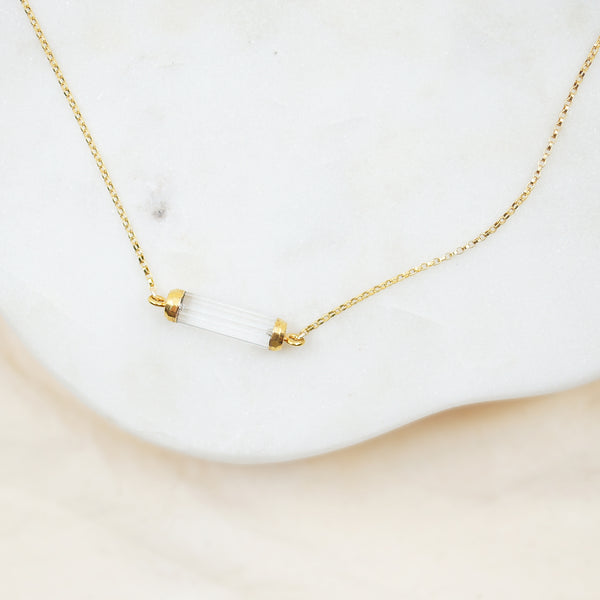 Clear Quartz Tube Bar Gold Necklace